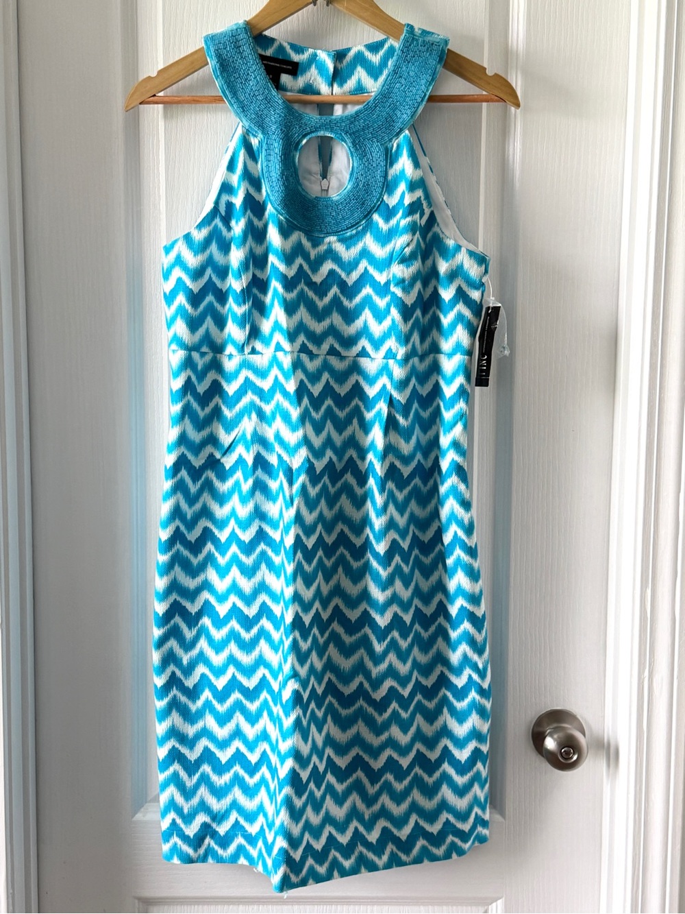 INC International Concepts Turquoise and White Chevron Keyhole Dress Size 8 NWT